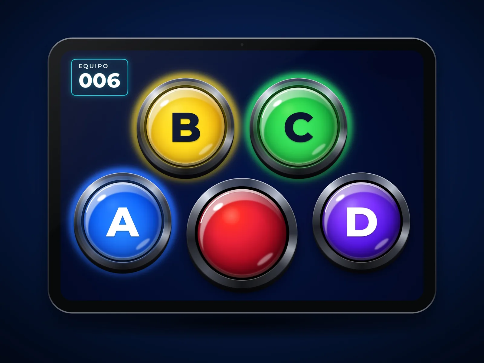iPad de un equipo de Game Xperience con los botones de respuesta A, B, C, D y el pulsador buzzer