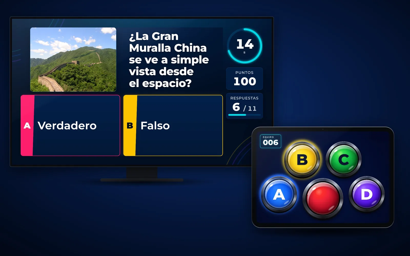 Pregunta de verdadero o falso en la pantalla de Game Xperience junto al iPad de un equipo